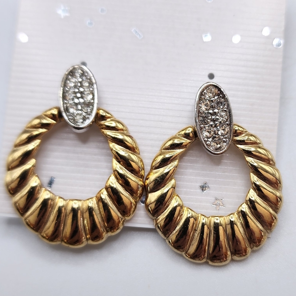 Door Knocker earrings Mixed Metal Rhinestone Pierced Silver And Gold Tone 1.5"